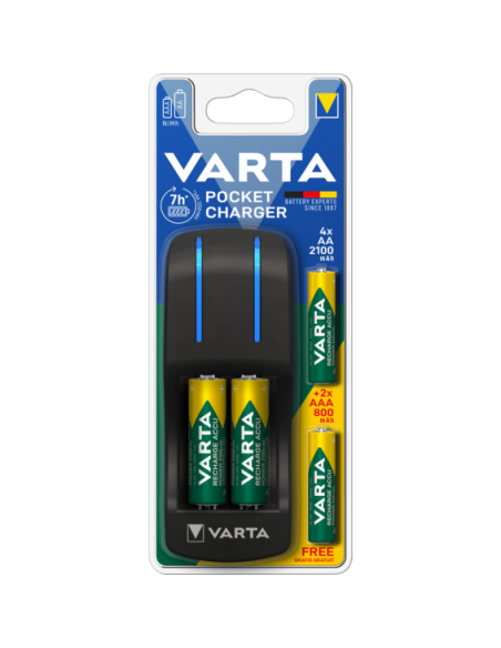 VARTA-Cargador Pocket pilas recargables AA / AAA (incluye 4 pilas AA 2100 mAh  2 pilas AAA 800mAh) ¡Últimas Unidades!