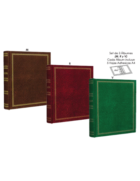 Set 3 álbumes anillas 27x32 cm (5 hojas autoadhesivas) - Marron/ Verde/ Rojo